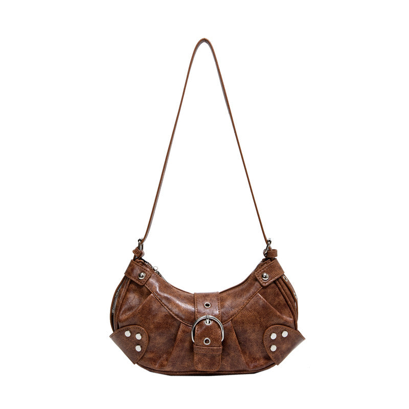 Retro Biker Style Shoulder Bag – Rivet Buckle Crescent Handbag