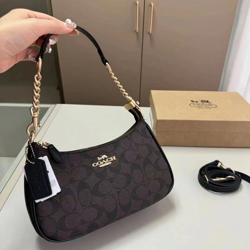 Coach Signature Print Shoulder Bag - Navy/Khaki/Cream | Metal Chain Strap | Luxury Fashion Handbag