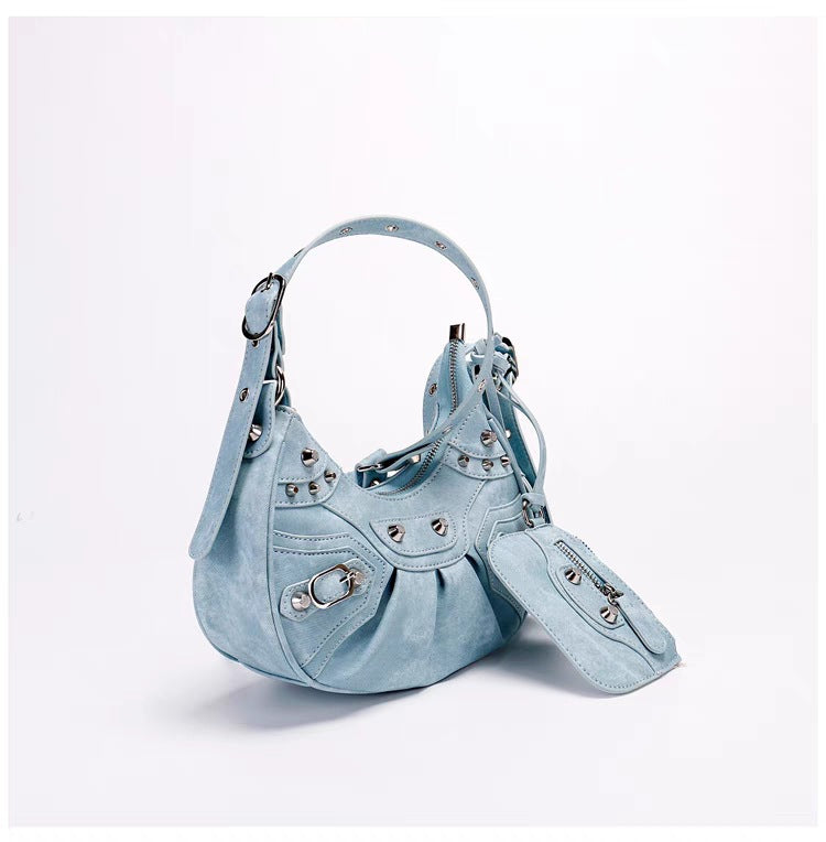Black Croc Punk Shoulder Bag | Multi-Pocket Baguette with Chain & Heart Mirror Charm