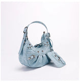 Black Croc Punk Shoulder Bag | Multi-Pocket Baguette with Chain & Heart Mirror Charm