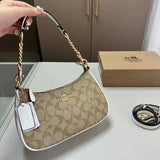 Coach Signature Print Shoulder Bag - Navy/Khaki/Cream | Metal Chain Strap | Luxury Fashion Handbag