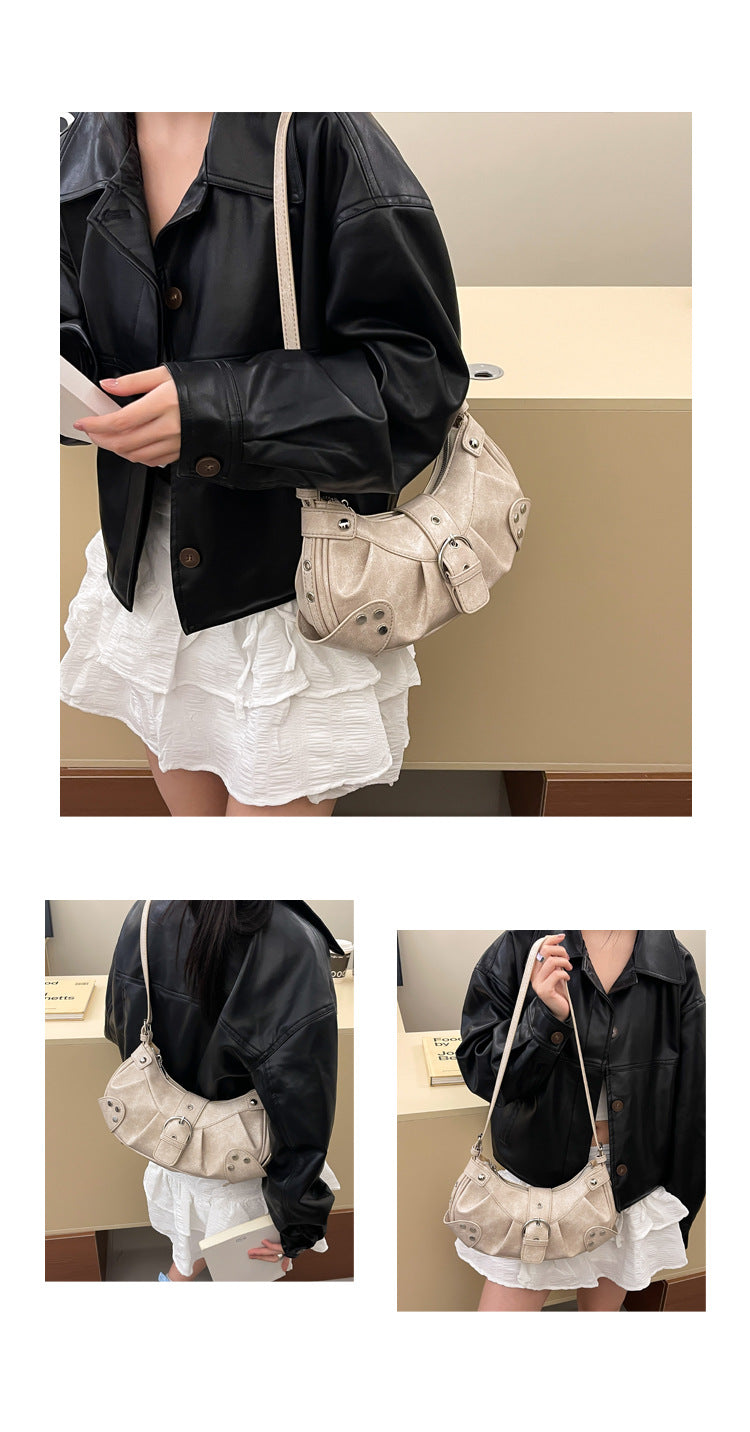 Retro Biker Style Shoulder Bag – Rivet Buckle Crescent Handbag