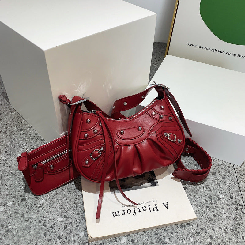 Women's Fashion Vintage Crumpled Crescent Moon Son Mother Shoulder Bag